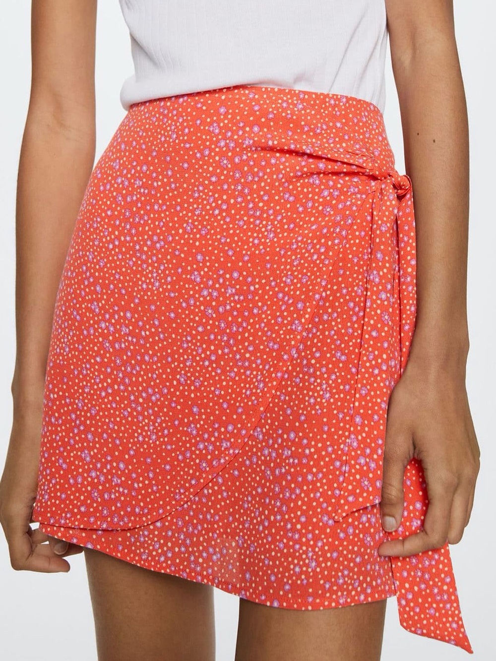 Mango Tie-Waist Floral Mini Skirt - Coral Pink